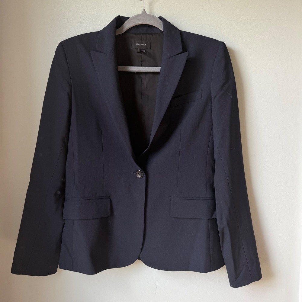 Theory Gabe B Virgin Wool Blend Blazer One Button Suit Jacket Blue Stretch 6